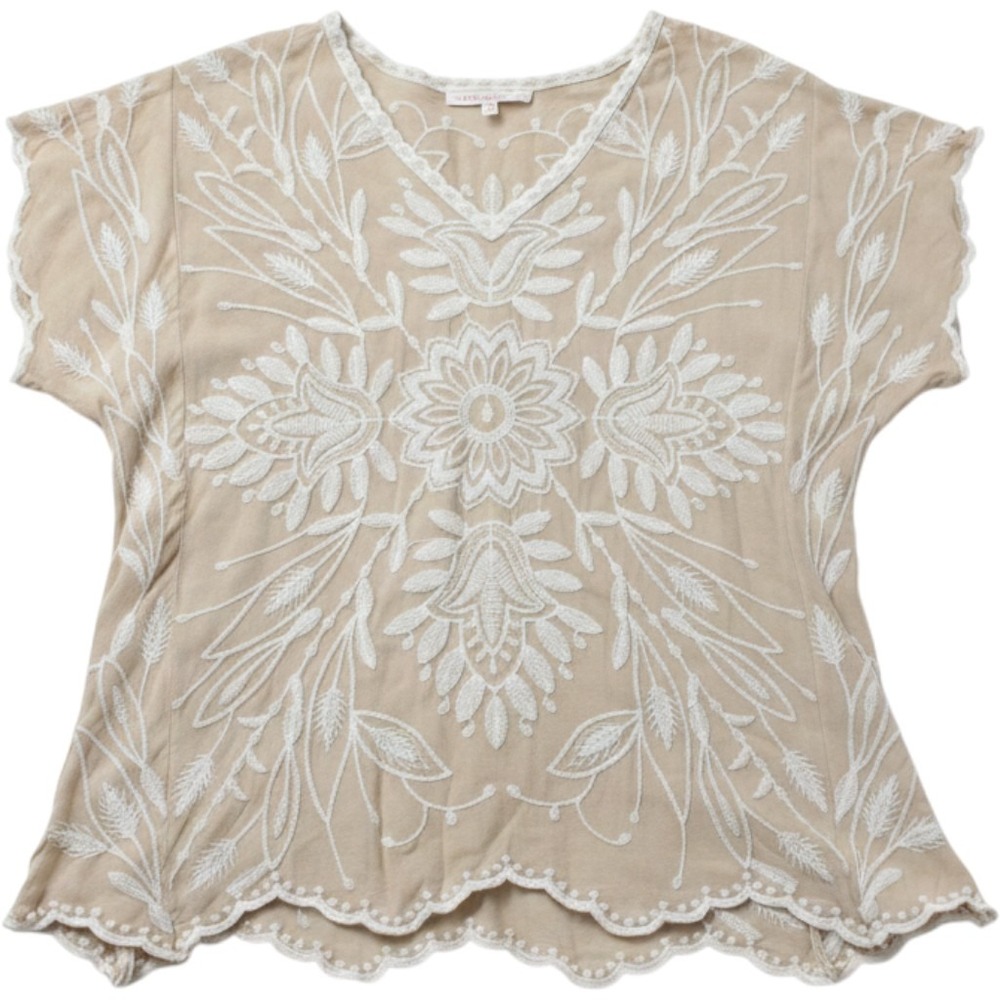 Solitaire Embroidered Boho V-Neck Blouse Women L Tan Anthropologie